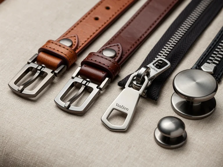 Collection of durable handbag accessories like metal clasps, leather straps, and zippers