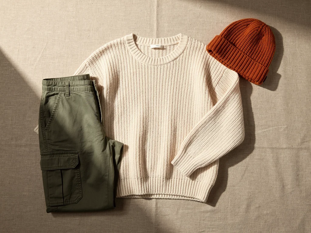 Flat lay of earthy casual clothing with terracotta accents