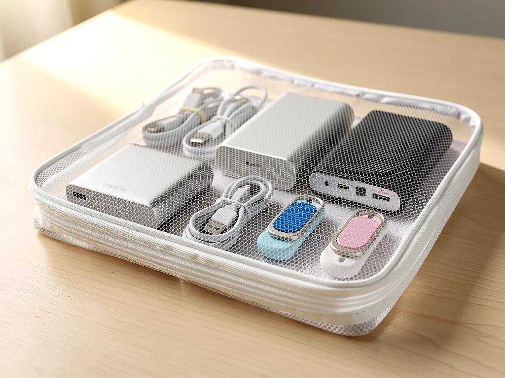 Electronics travel organizer pouch with cables and power bank
