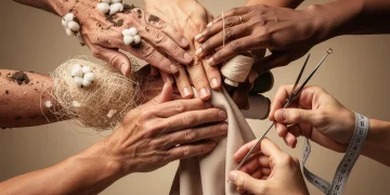 Hands interlocking, representing transparent and ethical supply chain collaboration in casual fashion.