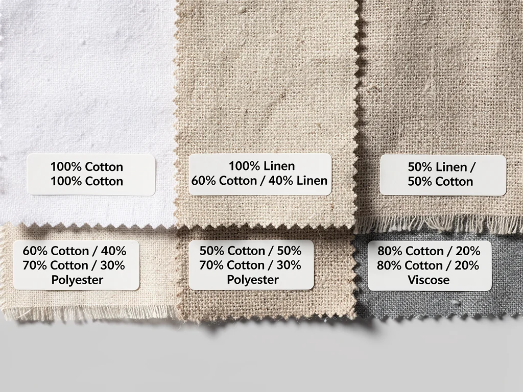 Close-up of various fabric swatches for button-down shirts, detailing cotton, linen, and blends