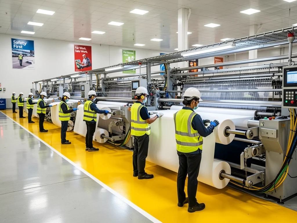 Modern textile factory with workers demonstrating fair labor practices and safe conditions.