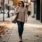 Woman showcasing fall 2026 casual accessory trends with a tote bag and layered necklaces