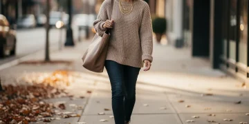 Woman showcasing fall 2026 casual accessory trends with a tote bag and layered necklaces