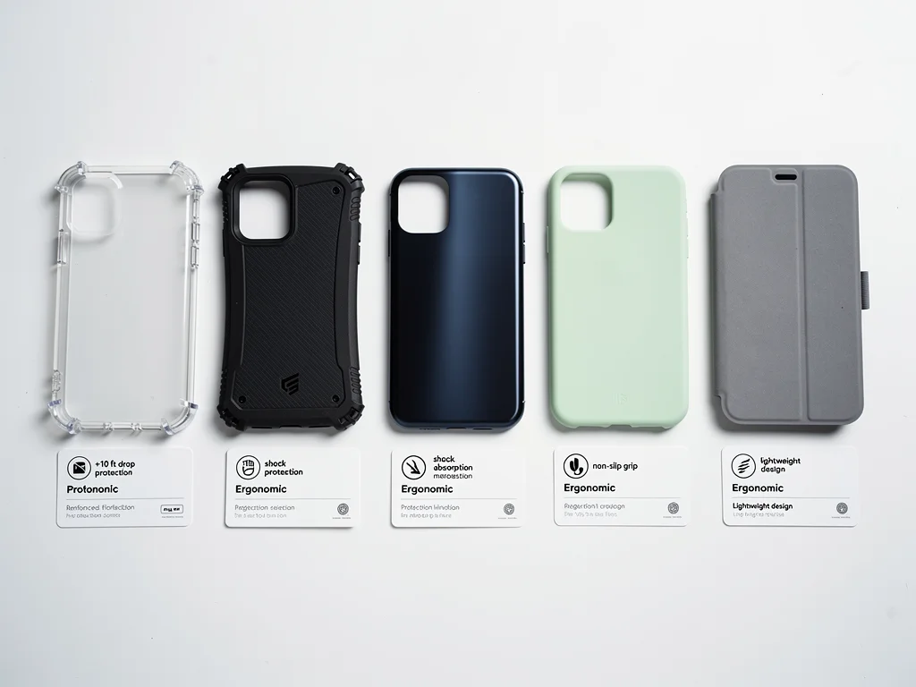 Five distinct phone case accessories displayed, each labeled with protection and ergonomic details for comparison.