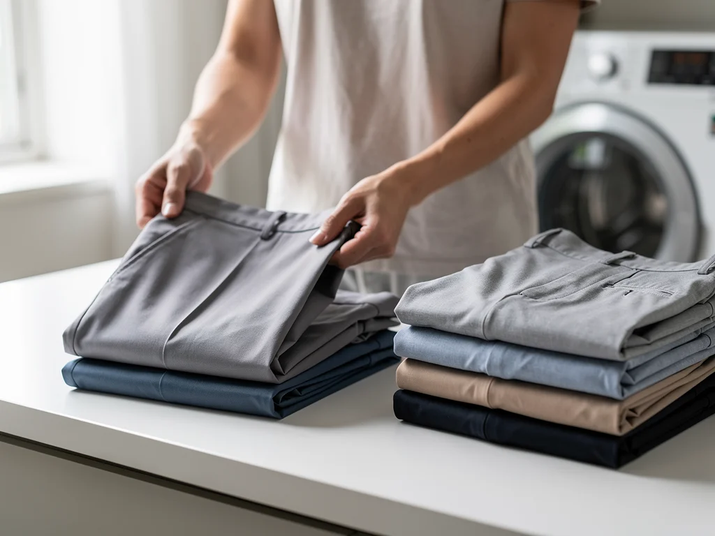 Person folding freshly laundered casual dress pants without ironing