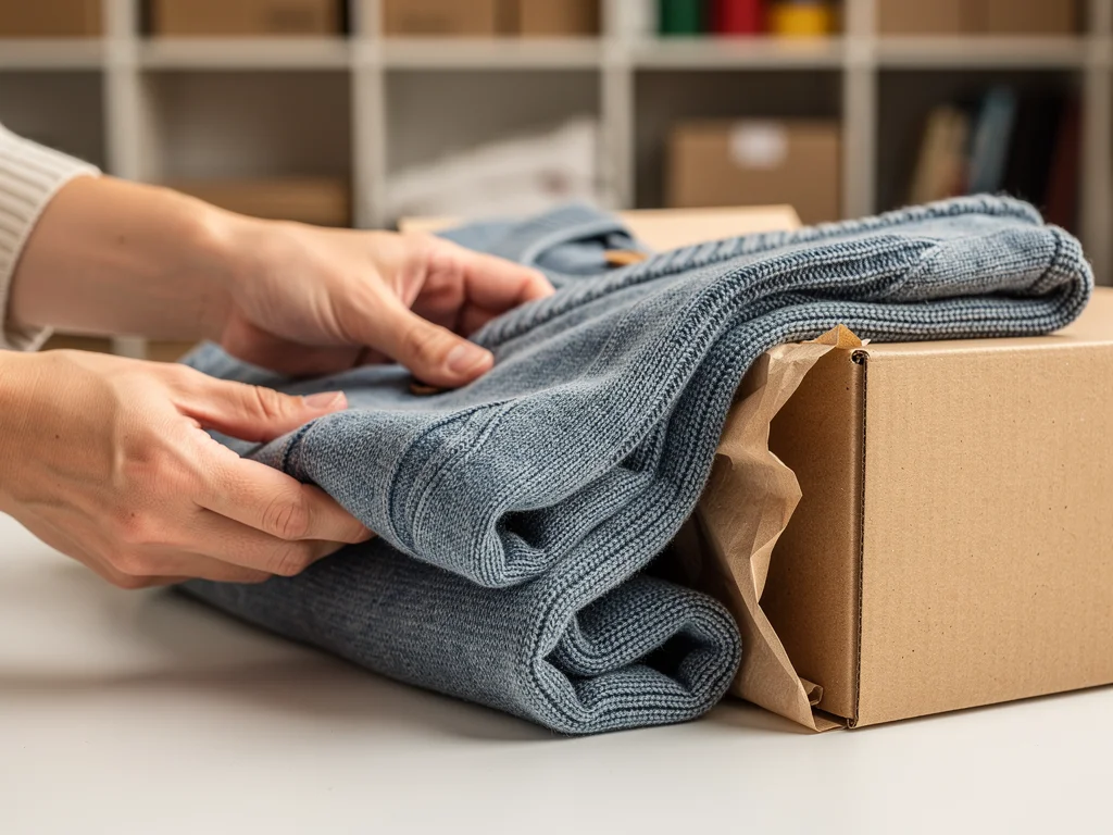Hands folding pre-owned casual clothing for sustainable resale packaging.