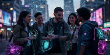 Futuristic casual accessories with blockchain elements and people interacting with digital fashion.