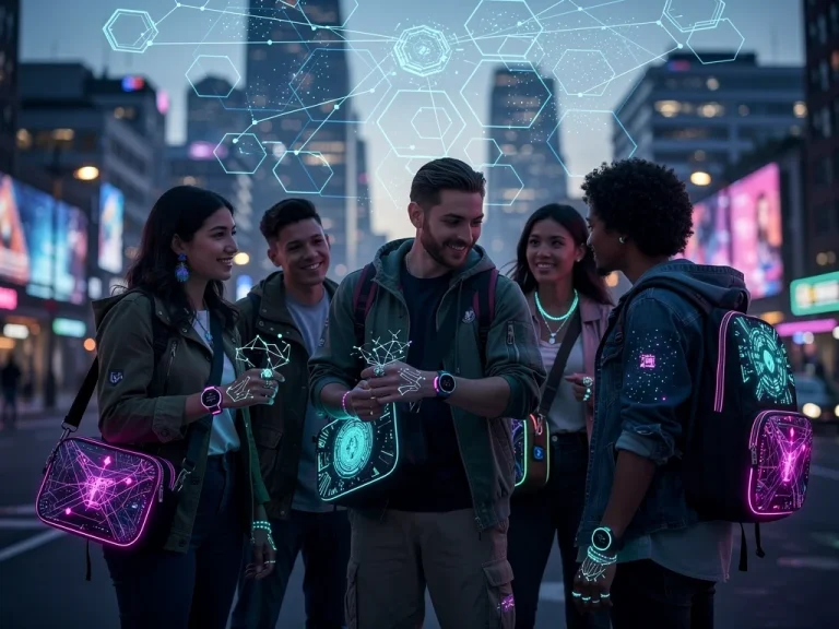 Futuristic casual accessories with blockchain elements and people interacting with digital fashion.
