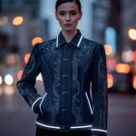 Denim Jackets Reimagined: 2026 Review of 4 Innovative Designs Model in futuristic indigo denim jacket with subtle LED lighting and intricate embroidery, urban setting.