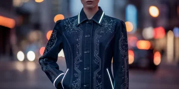 Model in futuristic indigo denim jacket with subtle LED lighting and intricate embroidery, urban setting.