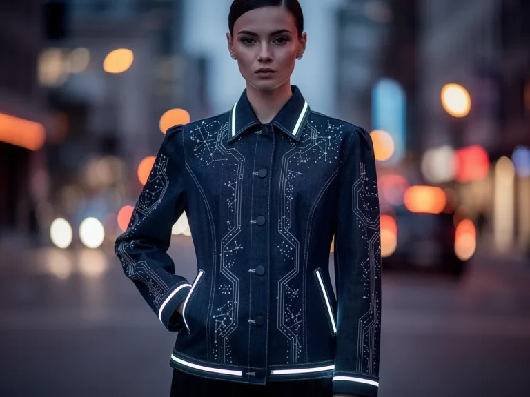 Model in futuristic indigo denim jacket with subtle LED lighting and intricate embroidery, urban setting.