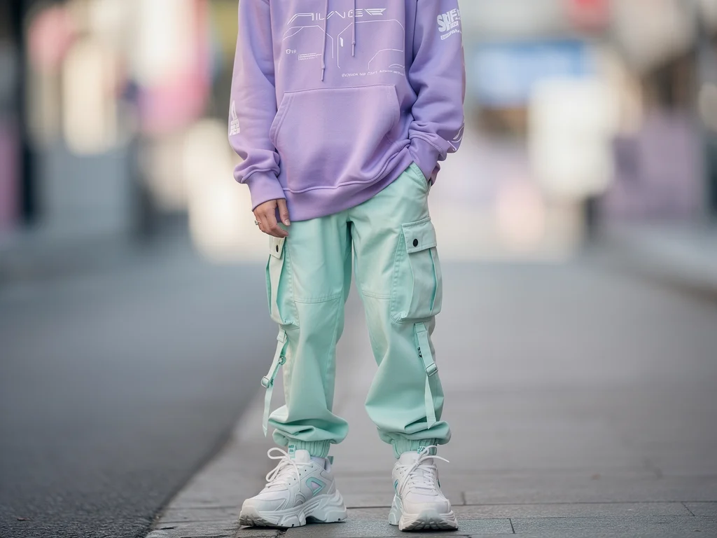 Gen Z fashionista in digital pastel lavender and mint green outfit.