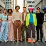 Gen Z individuals in diverse casual outfits featuring new color combinations.