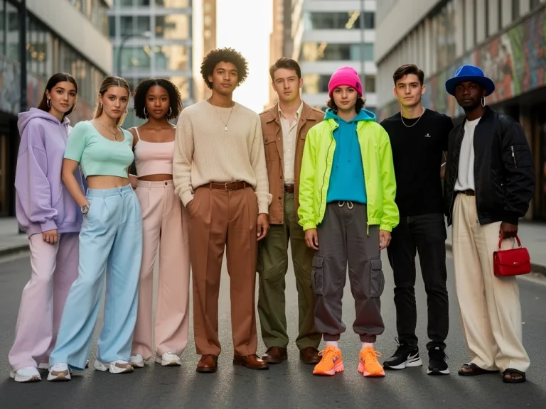 Gen Z individuals in diverse casual outfits featuring new color combinations.