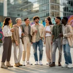 Diverse group wearing gender-fluid casual fashion in urban setting