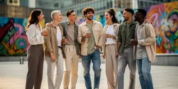 Diverse group wearing gender-fluid casual fashion in urban setting