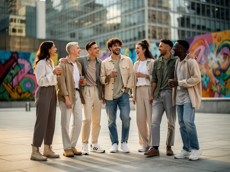 Diverse group wearing gender-fluid casual fashion in urban setting