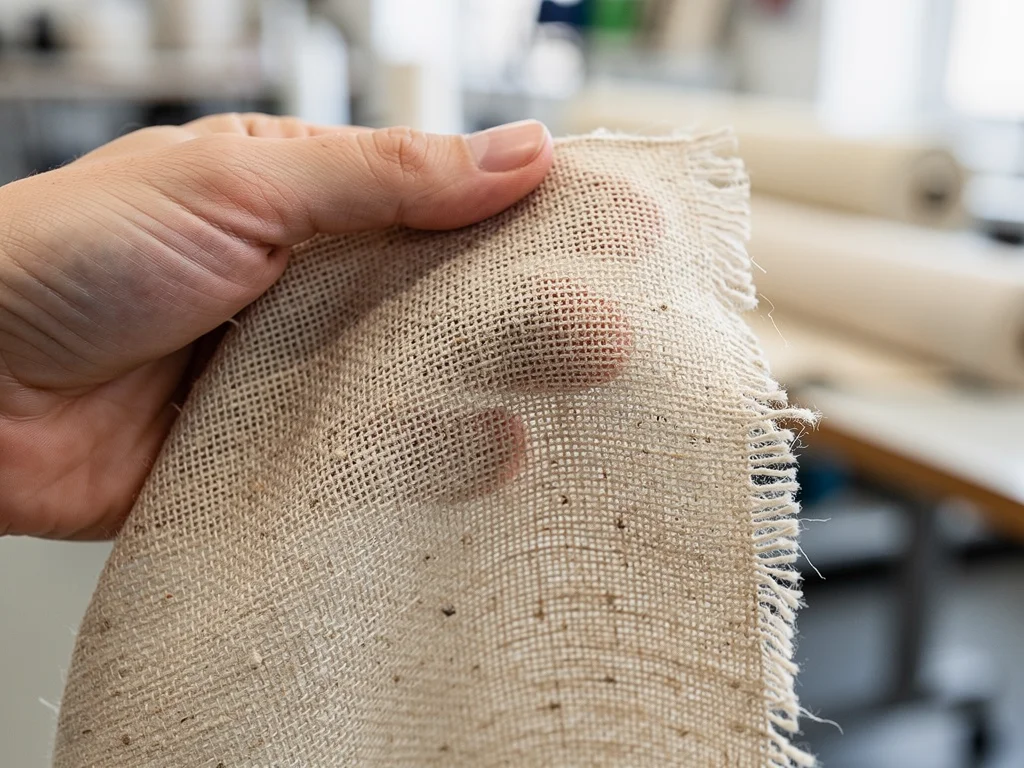 Hand holding natural hemp fabric swatch