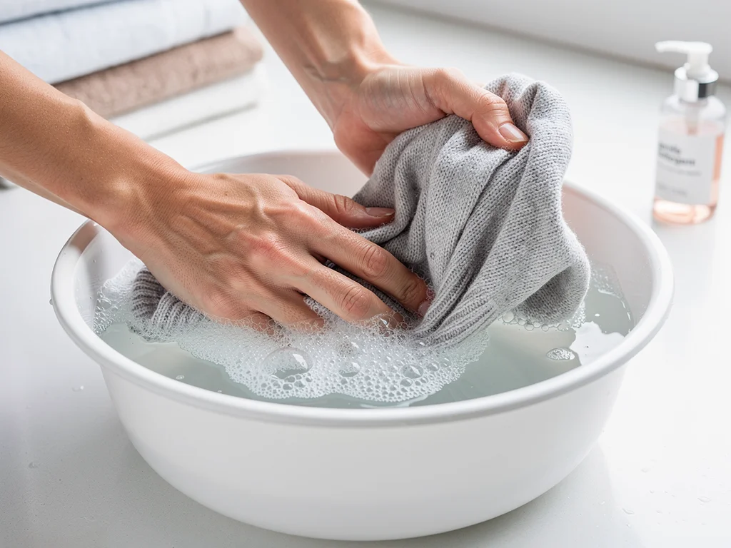 Person hand-washing a delicate sweater, demonstrating proper garment care.