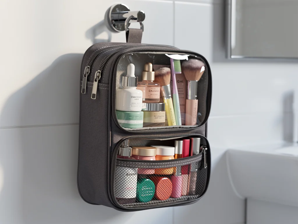 Hanging toiletry bag with travel-sized toiletries