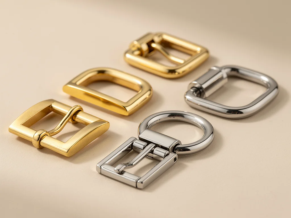 Close-up of high-quality handbag hardware: brass buckles, steel D-rings, nickel clasps
