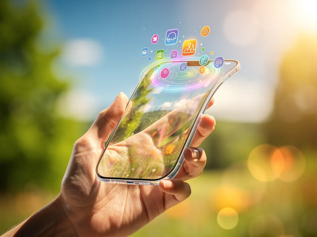 Futuristic transparent smartphone with holographic display in a summer setting