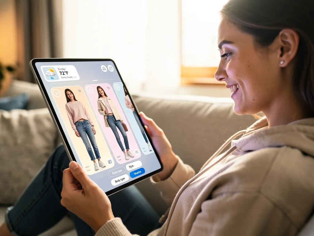 Hyper-personalized AI fashion recommendations on a tablet for casual wear.