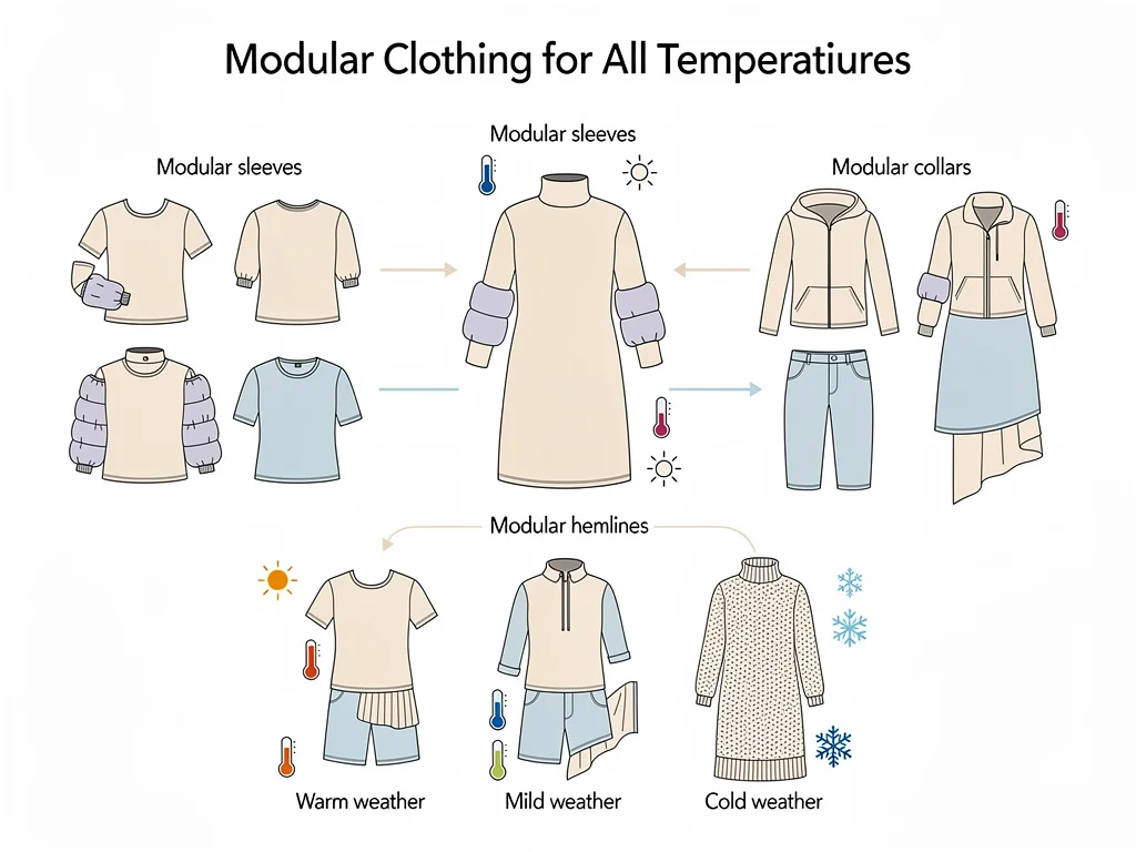 Infographic showing interchangeable modular clothing components creating diverse outfits.