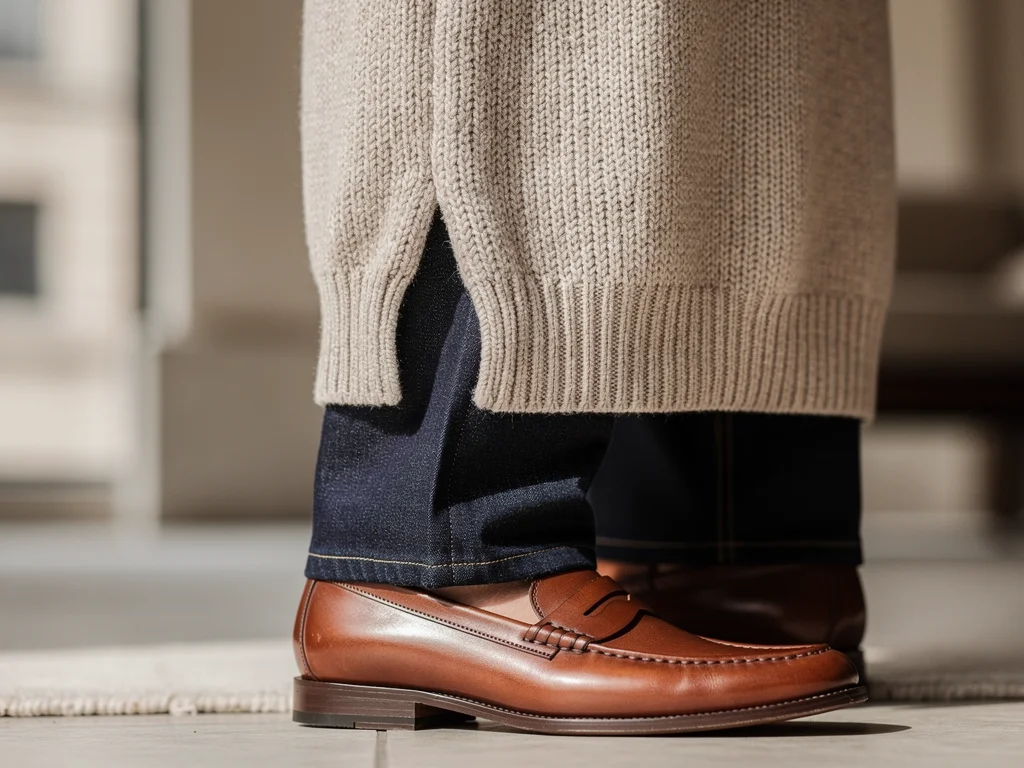 High-quality knit sweater with tailored denim and loafers