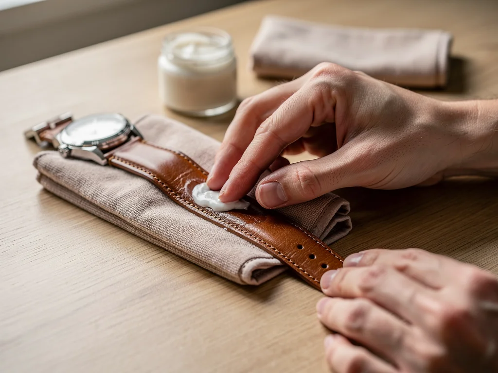 Applying leather conditioner to a watch strap for durability