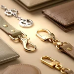 Collection of luxury designer bag accessories shimmering on a velvet background