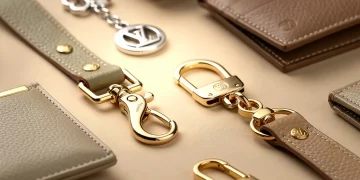 Collection of luxury designer bag accessories shimmering on a velvet background