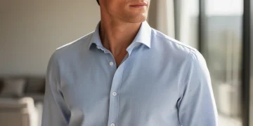 Man in light blue casual button-down, showcasing excellent fit and fabric quality