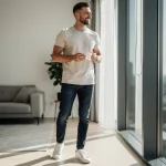 Man wearing a stylish core casual wardrobe with t-shirt, jeans, and sneakers