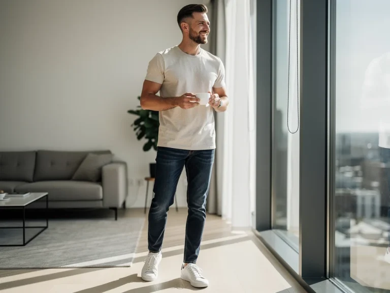 Man wearing a stylish core casual wardrobe with t-shirt, jeans, and sneakers