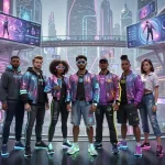 Avatars in a metaverse city wearing digital casual fashion, representing future opportunities.