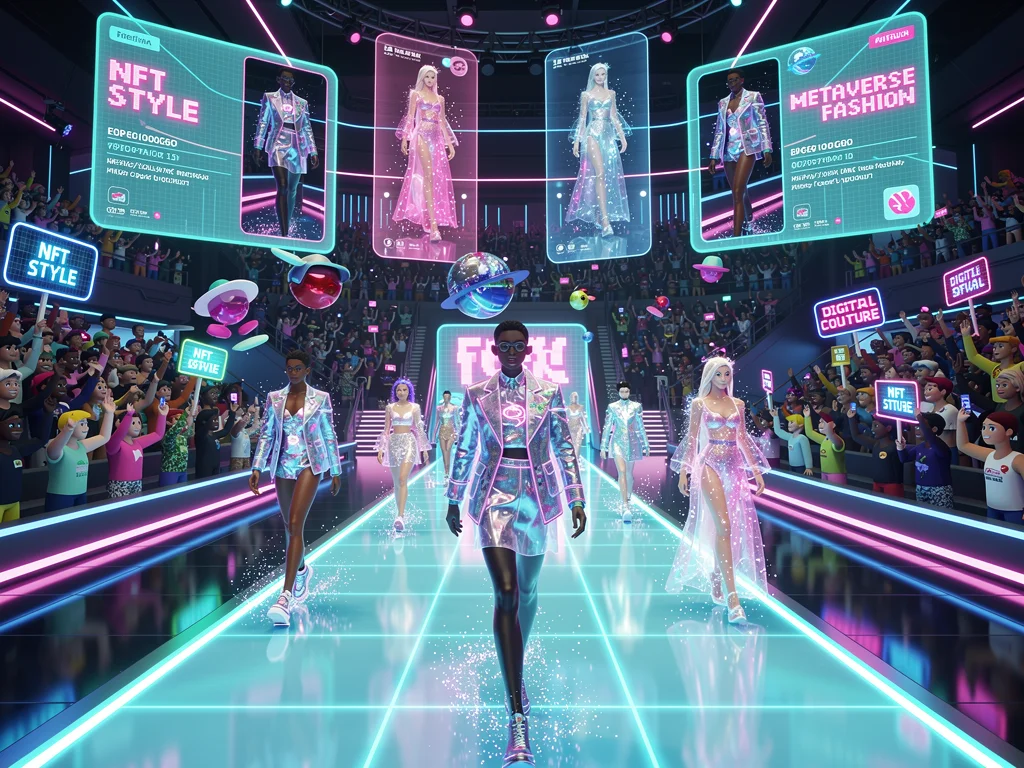 Virtual fashion show featuring NFT apparel in a metaverse environment.