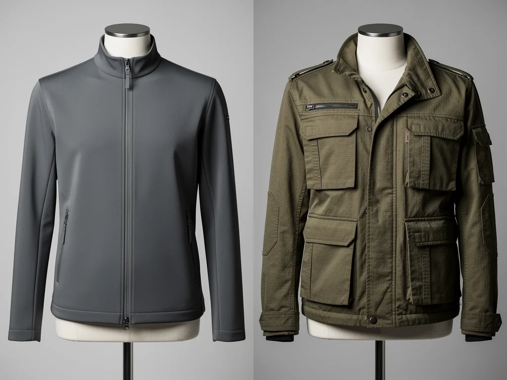 Side-by-side comparison of a minimalist and a utilitarian 2026 casual jacket, highlighting contrasting styles.