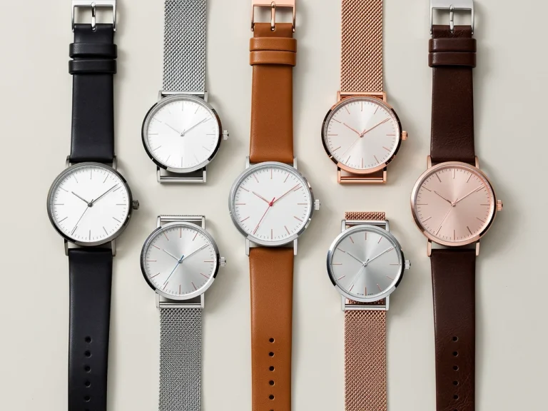 Collection of minimalist watches, clean designs, affordable elegance