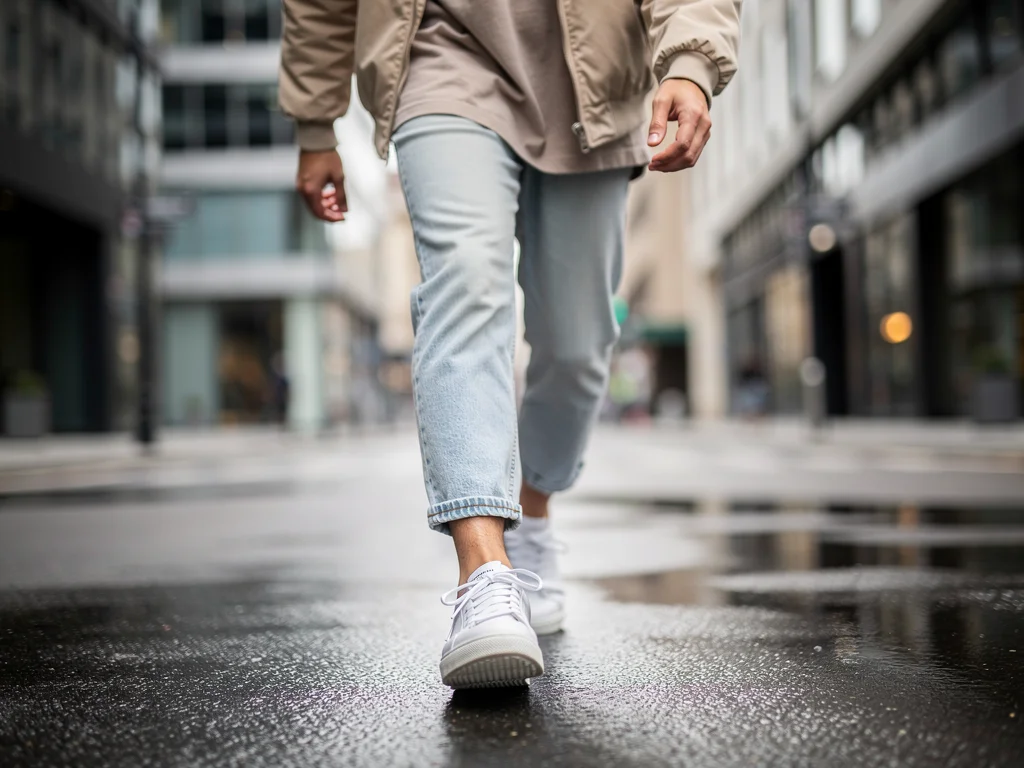 Person wearing minimalist white sneakers in urban setting