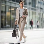 Modern professional woman in smart casual attire, walking confidently