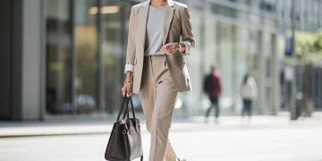 Modern professional woman in smart casual attire, walking confidently
