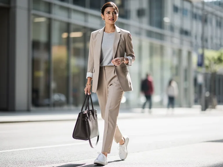 Modern professional woman in smart casual attire, walking confidently
