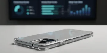 Modern smartphone in a clear protective case with data charts, symbolizing phone case accessory comparison.