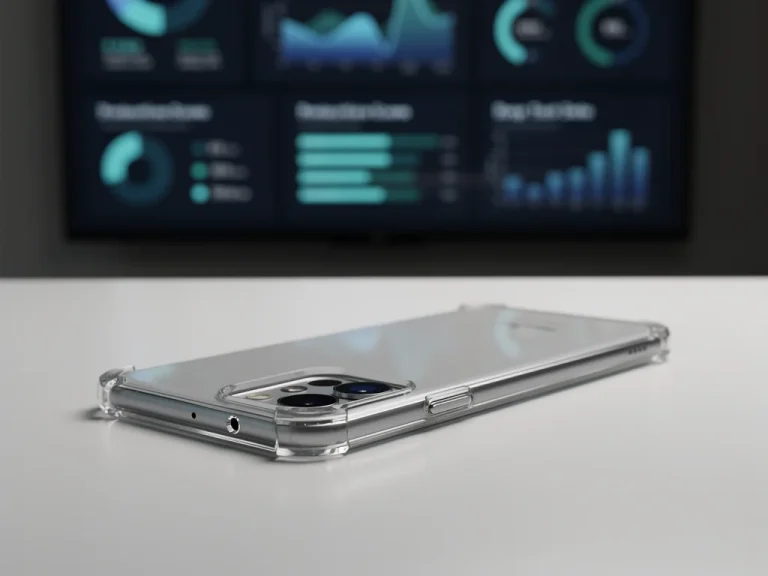 Modern smartphone in a clear protective case with data charts, symbolizing phone case accessory comparison.