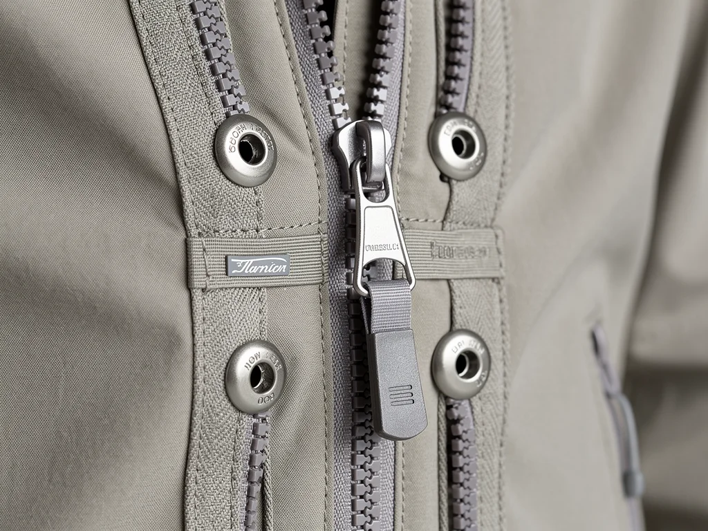 Detailed view of modular garment connection points like zippers and snaps.