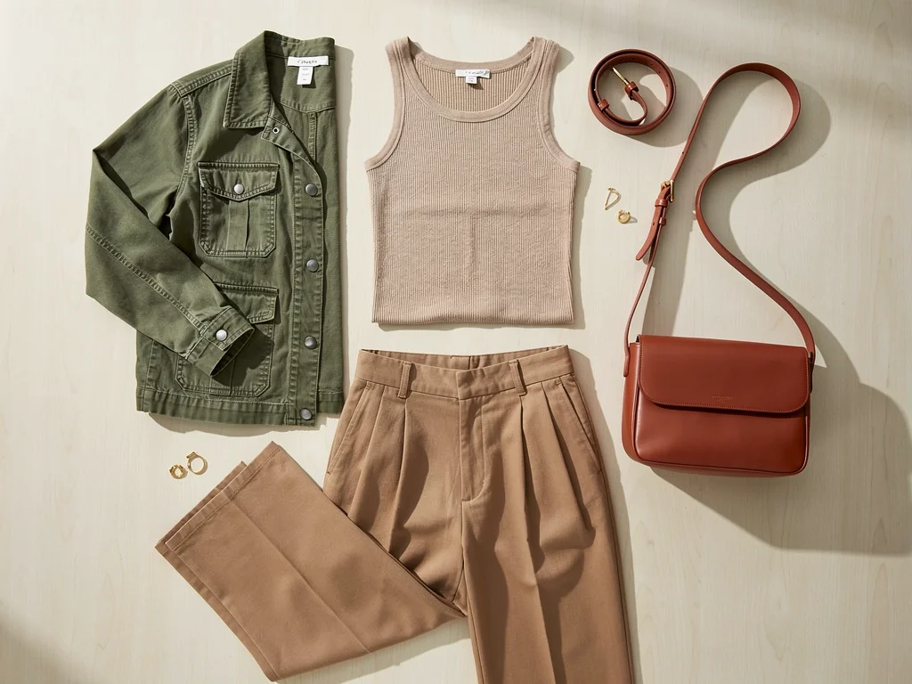 Casual clothing array in muted earth tones, olive, beige, camel, terracotta.