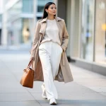 Neutrals 2026: 6 Casual Outfit Combinations Stylish woman in beige trench coat and white trousers, embodying neutral casual fashion 2026.