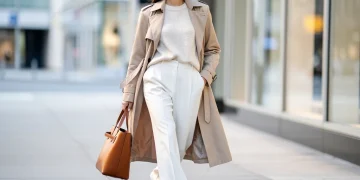 Stylish woman in beige trench coat and white trousers, embodying neutral casual fashion 2026.